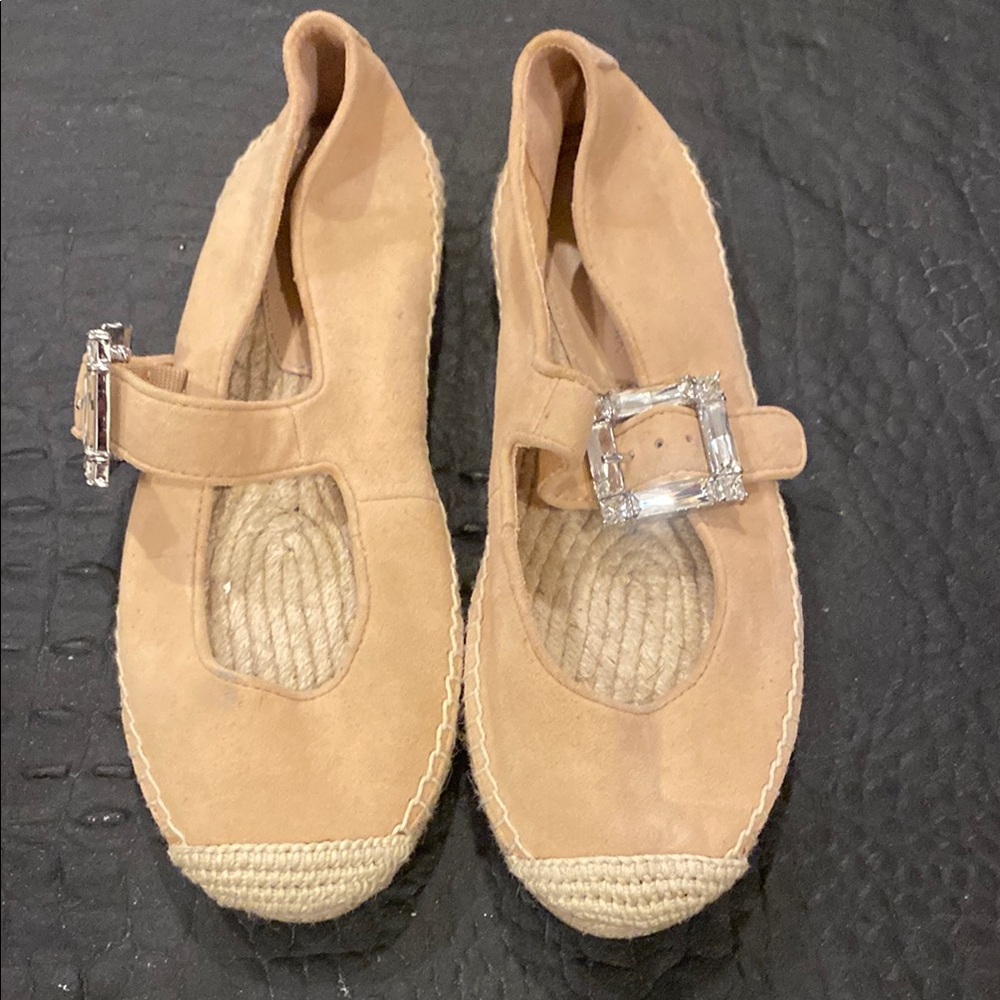 Women’s Tan Suede Mary Jane Espadrille Flats with Crystal Buckle